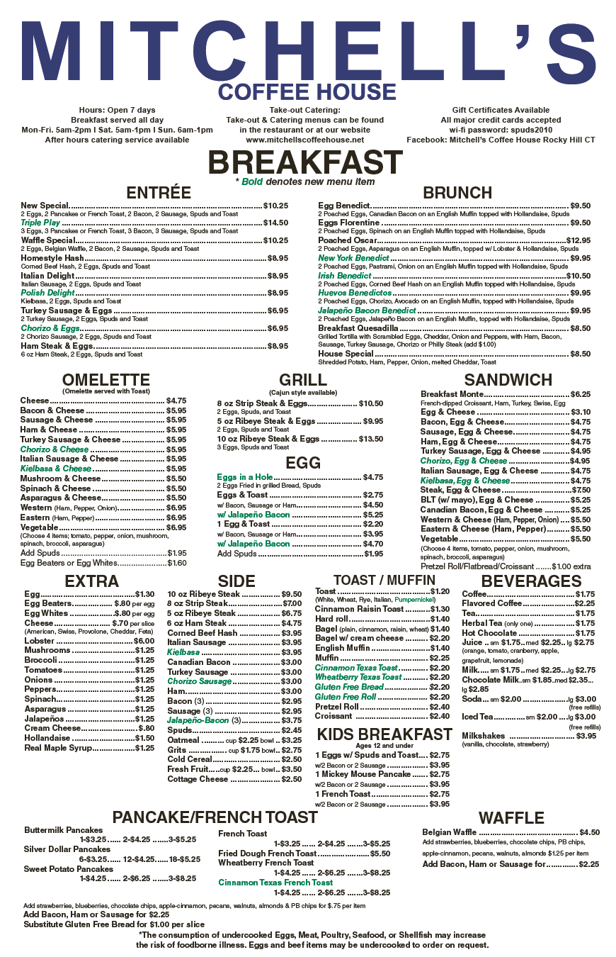 Mitchell's Coffee House breakfast menu