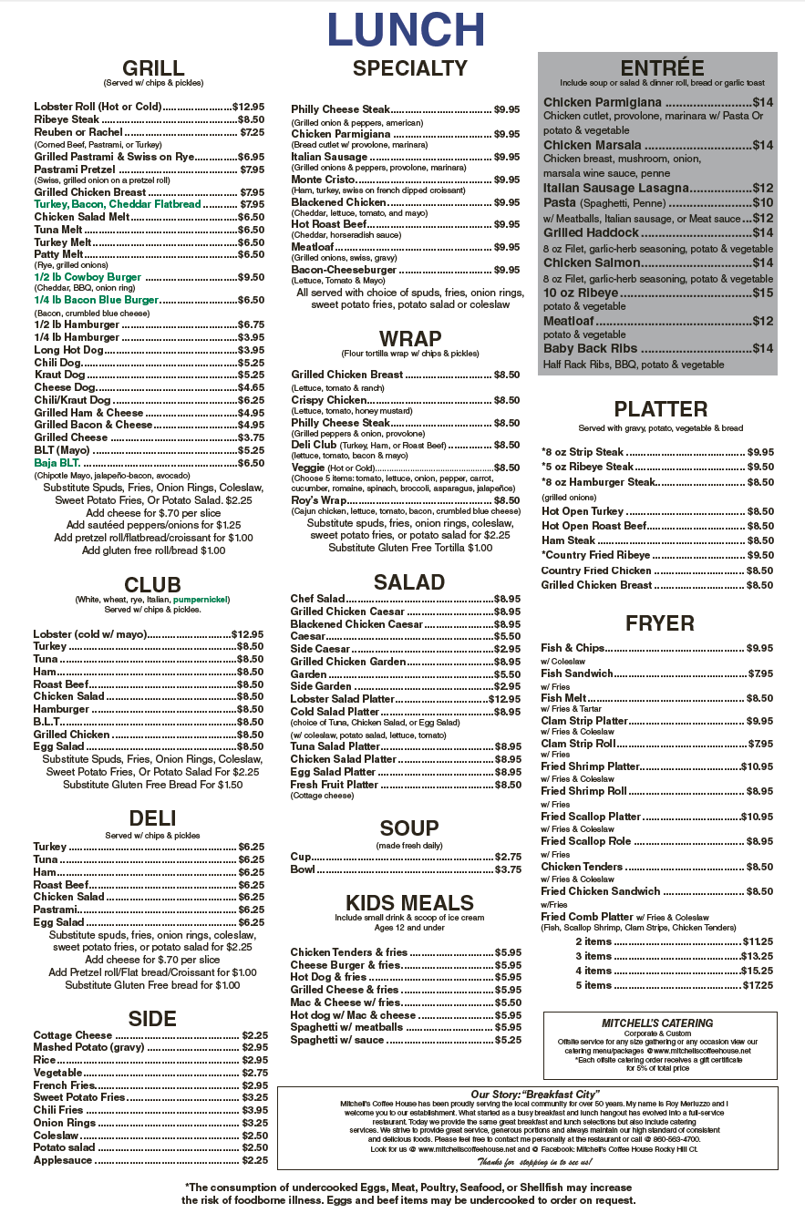 Mitchell's Coffee House lunch menu